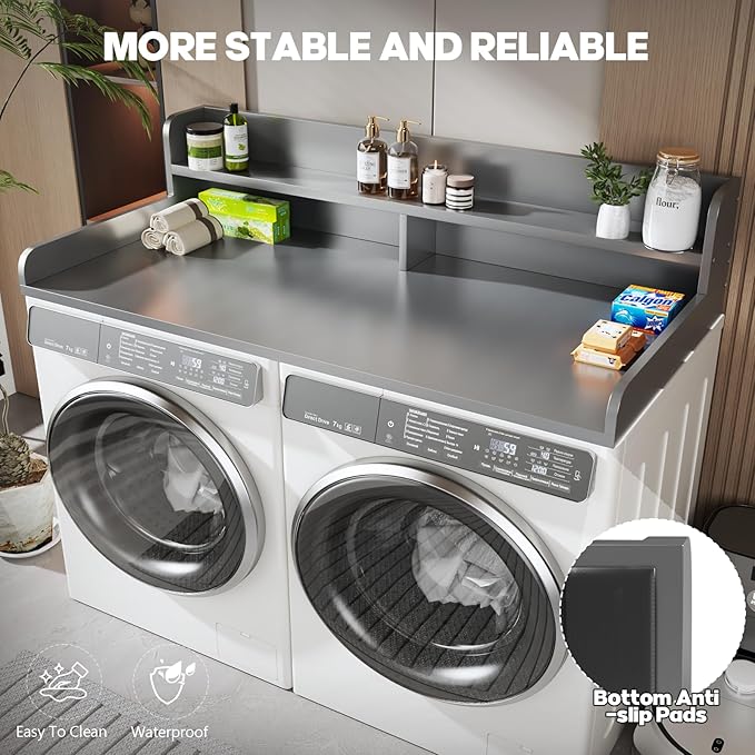 2-Tier Washer and Dryer Countertop with 2.75" H Guard,58" W x 28" D Laundry Countertop Cover with Non-Slip Pad,Large Space Laundry Topper for Folding Clothes Over Washer and Dryer-Grey