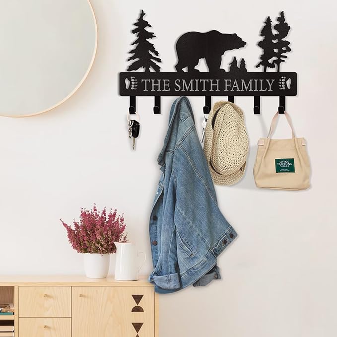 Personalized Key Holder for Wall, Custom Metal Black Bear Coat Hook Key Holder with Name, Metal Key Rack Hanger Organizer for Entryway, Front Door, Hallway, Kitchen, Office Decor