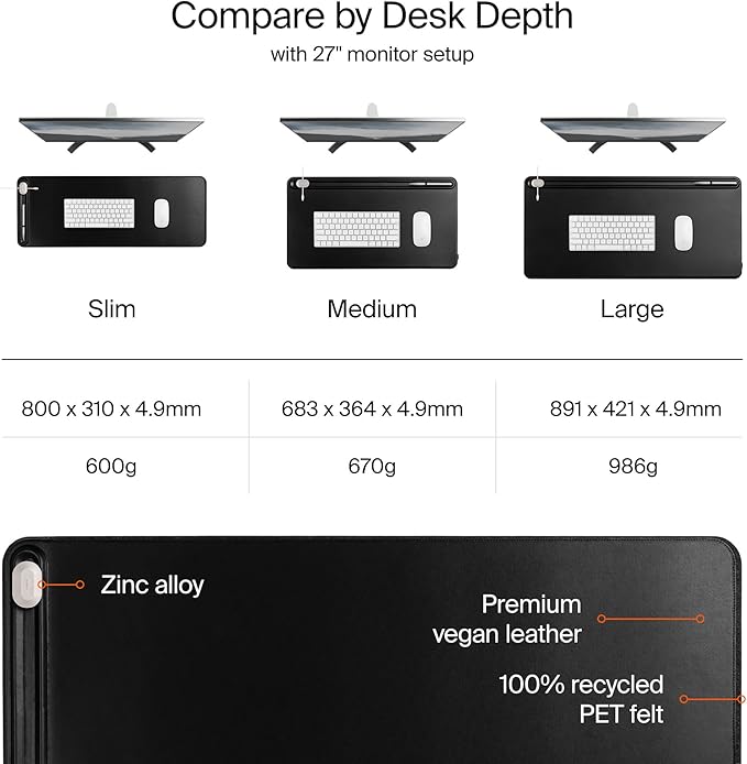 Orbitkey Premium Leather Desk Mat Slim | Multi-Purpose & Waterproof Table Protector Accessory for Work Home Gaming Office Keyboard Mat Organizer | 31.4" L x 12.2" W x 0.19" H, Anti-Slip, Black Finish