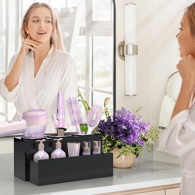 Hair Tool Organizer, Acrylic Hot Hair Styling Tool Organizer with 3 Cups, Hair Dryer Holder for Bathroom Organization Bedroom Vanity Countertop Caddy Storage Curling Iron Stand (Glossy Black)