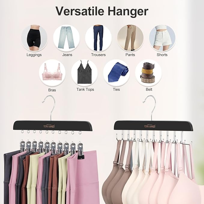TOPIA HANGER 2 Pack Bra Hanger with 2 Pack Leggings Organizer, 2-in-1 Space Saving Hanger Neatly Store Max 40 Bras and 20 Leggings, Pants Jeans Shorts Skirt Tank Top Hangers for Closet Black CT77B