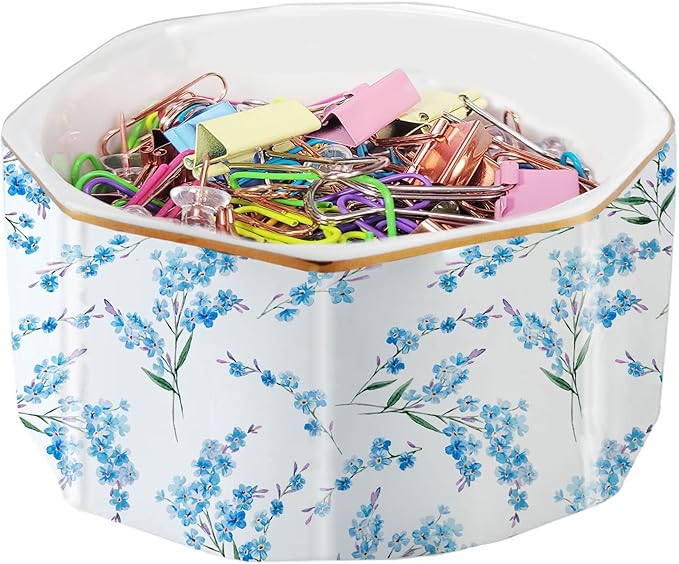 Ceramic Paper Clip Holder Gold Line Paper Clip Dispenser Organizer for Desk Cute Floral Pattern Office Binder Clip Holder Bobby Pin and Hair Clip Holder Gift for Office Blue Flowers