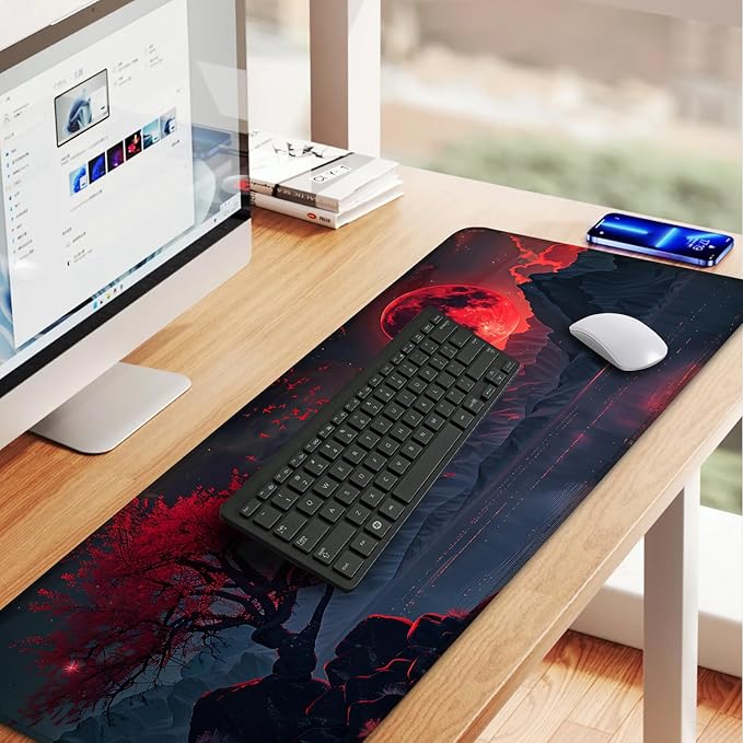 Red Moon Mouse Pad XXL – Large Gaming Desk Mat with Dark Mountain Landscape & Sakura Tree, Extended Mousepad with Non-Slip Base for Office, Gamer Setup,31.5 x 11.8 in