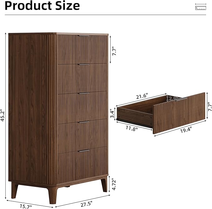 Fluted Dresser for Bedroom with 5 Drawers Set of 2, 45" Large Closet Clothes Wood Tall Dresser Storage Organizer, Mid Century Modern Chest of Drawers with Deep Storage Walnut