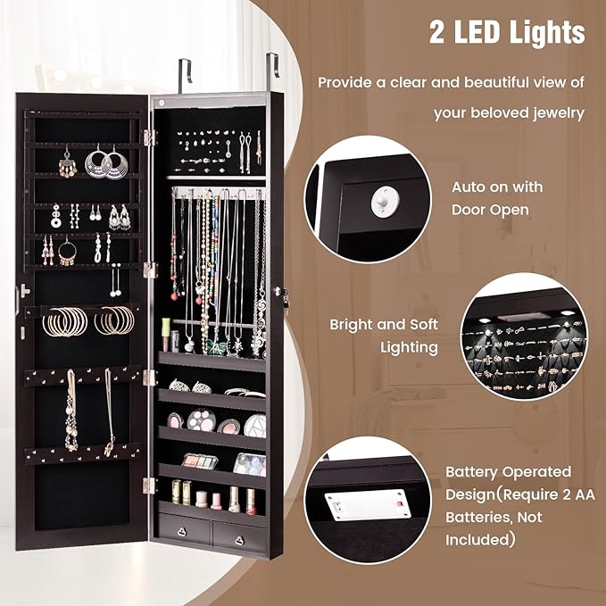 HAPPYGRILL Over the Door Jewelry Organizer, Hanging Jewelry Storage Cabinet w/Full-Length, Inner Makeup Mirror, Earring Shelves, Ring Slots, 25 Necklace Hooks, Wall Mounted Jewelry Armoire for Women