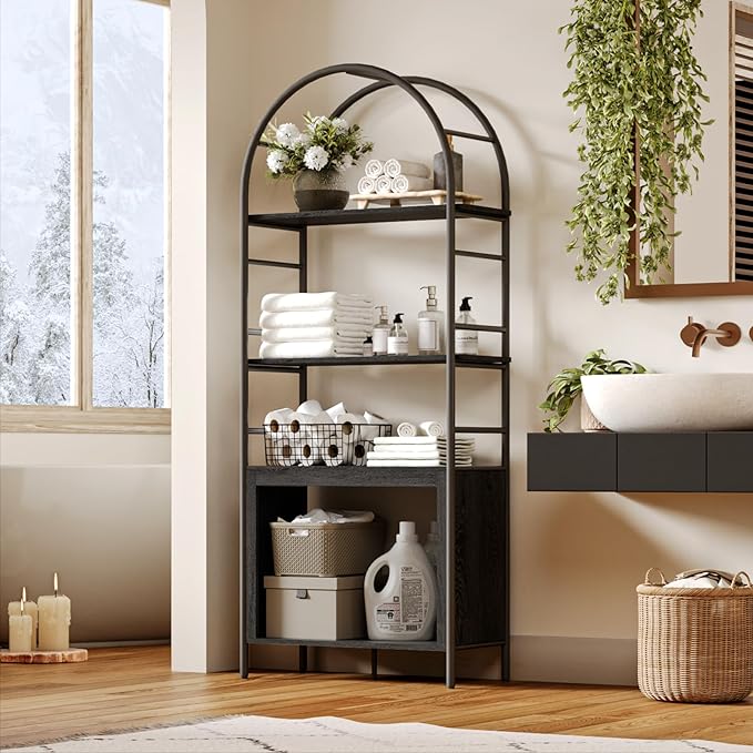 BREEZEHEAT 4-Tier Arched Bookshelf, 72" Tall Bookcase with Storage Shelves, Floor Standing Open Display Storage Shelf with Metal Frame, Large Organizer for Living Room, Home Office, Bedroom, Black