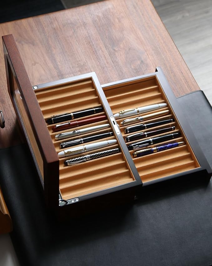 Wood Fountain Pen Case, 24 Slot Storage Organizer with Drawer, Glass Top Display Box for Collection
