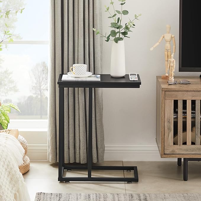 VECELO C Shaped End Side Table for Sofa Couch and Bed Snack TV Tray for Living Room Bedroom, 1 PCS,Black