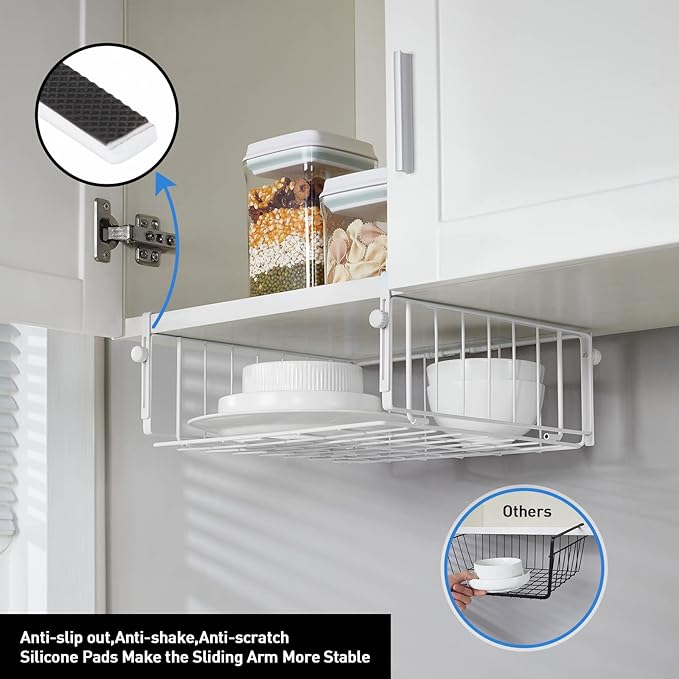 2 Pack Hanging Under Shelf Storage Basket,Adjustable Under Cabinet Add-on Storage Racks Slide-in Baskets Organizer for Laundry Room Kitchen Pantry Desk Bookshelf, White
