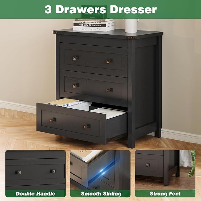 Dresser for Bedroom with 3 Drawers, 27.55" Wide Small Chests of Drawers, Farmhouse Wood Nightstand Bedside Cabinet End Table, Modern Closet Storage Organizer for Living Room, Entryway, Hallway, Black