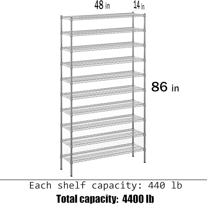 14" Deep x 48" Wide x 86" Height Wire Shelving Kit | 10-Tier | NSF Commercial Storage Rack Unit