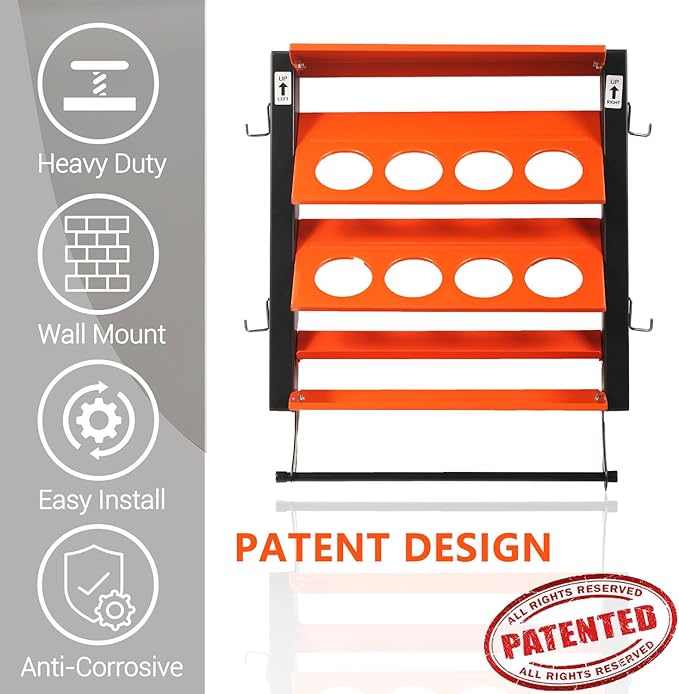 Wallmaster Spray Can Holder, Lube Can Wall Mount Storage Rack Heavy Duty Paint Bottle Organizer for Garage & Home | 8 Can Holes & 2 Shelf