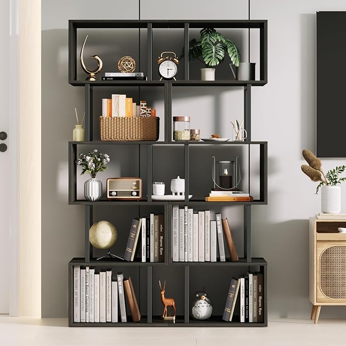 Furologee 6 Tier Bookshelf Tall Geometric Bookcase, S Shaped Industrial Display Standing Shelf, Metal and Wood Decorative Storage Room Divider Rack for Bedroom, Living Room, Office, Light Black Oak