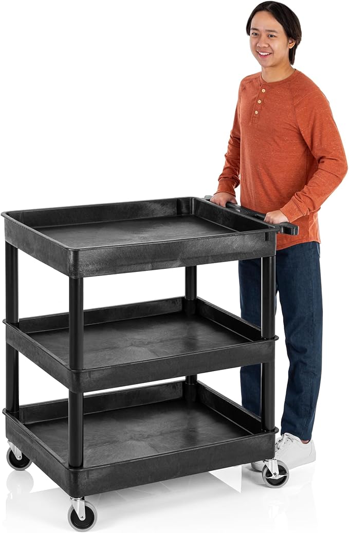 Stand Steady Tubstr Large 3 Shelf Utility Cart | Heavy Duty, Black HDPE & PVC, Holds Up to 300 lbs. | Storage & Rolling Tool Cart for School, Office, Garage & Warehouse