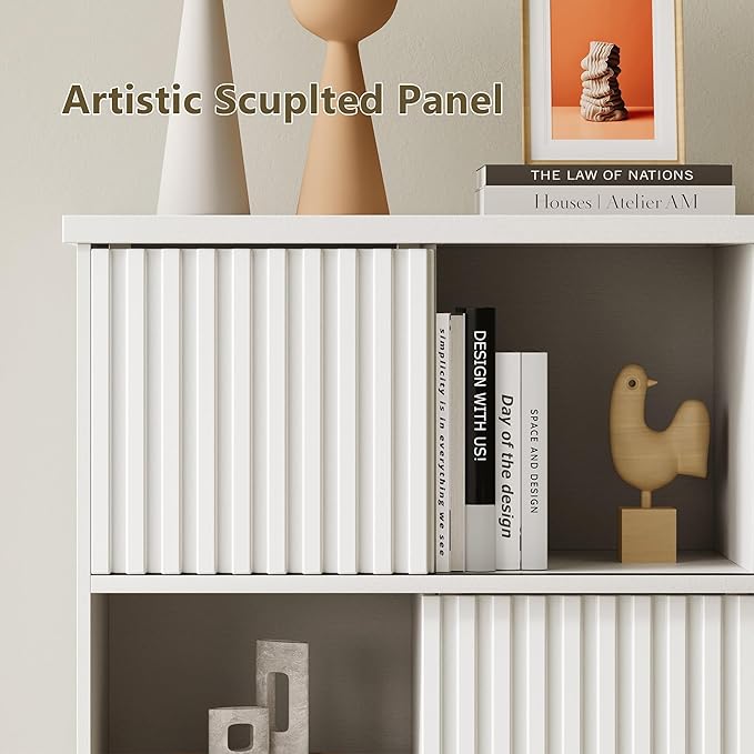 iPormis 12 Cube Bookcase with 6 Fluted Sliding Doors, 3 Tier Wooden Bookshelf, 47.2” Freestanding Cube Storage Organizer for Living Room, Office, Bedroom, Semi-Open Bookshelves, White