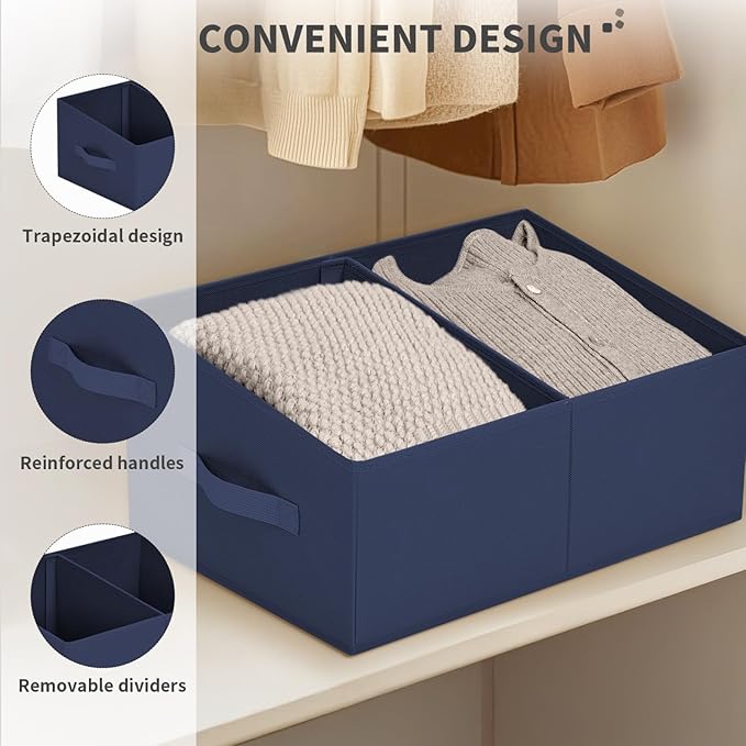 DIMJ Large Closet Shelf Organizer Bins 4 Packs with Handles and Divider, Fabric Trapezoid Storage Baskets, Foldable Clothes Containers Box for Shelf, Towel, Book, Toy, Purse, Hats, Navy Blue