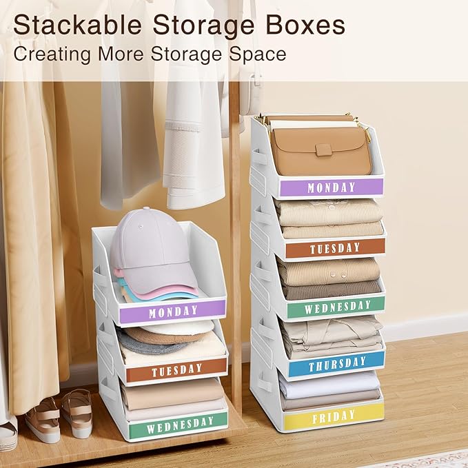 Closet Organizers and Storage - 5 Tier Shelf Organizer with Weekly Labels, Stackable Storage Bins with Metal Frame, Foldable Cube Bins, Home Baskets for Kids and Adults, White
