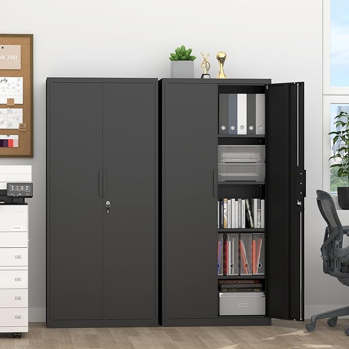 Metal Garage Storage Cabinets, 71" H Black Storage Cabinet for Basement, Heavy Duty Organizer with Adjustable Shelves, Locking Cabinet with 2 Keys, Tall Garage Organizer for Tools
