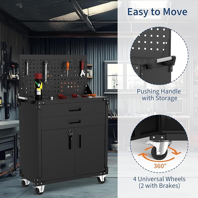 35” Heavy-Duty Rolling Tool Cabinet with Deep Drawers, Locking Casters & Pegboard | Industrial Steel Storage Organizer, Adjustable Shelves, Mobile Workbench for Garage, Workshop, Warehouse