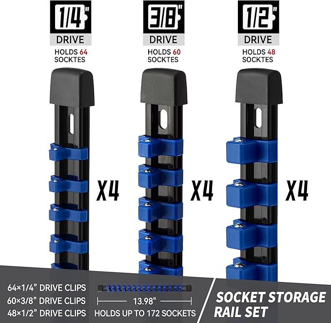 Socket Organizer Drive ABS Tools - Blue Socket Holder, Premium Quality 12 Pieces Socket Holders Kit 1/4-Inch x 64 Clips, 3/8-Inch x 60 Clips, 1/2-Inch x 48 Clips（12PC,Blue)