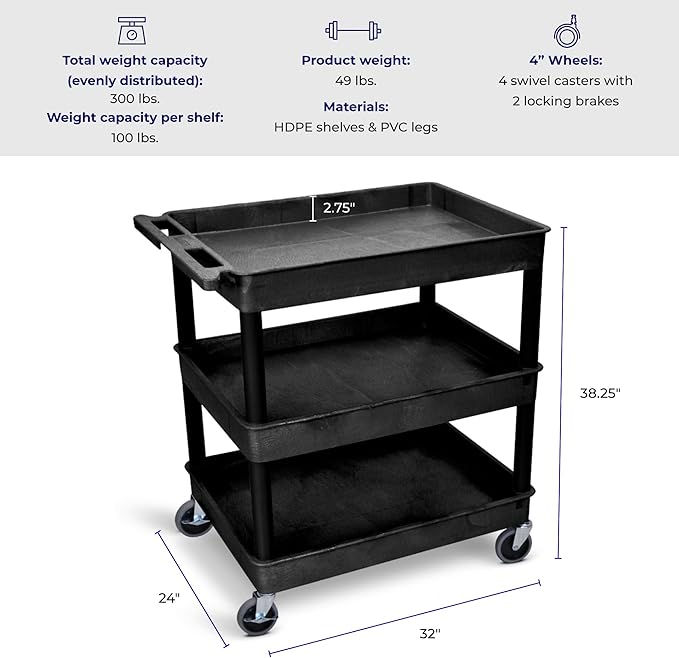 Stand Steady Tubstr Large 3 Shelf Utility Cart | Heavy Duty, Black HDPE & PVC, Holds Up to 300 lbs. | Storage & Rolling Tool Cart for School, Office, Garage & Warehouse