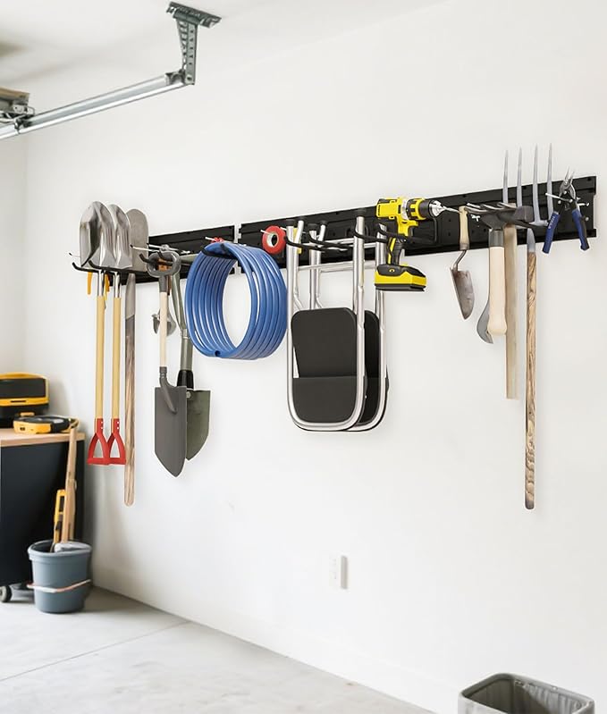 48 Inch Garage Storage Rack, Heavy Duty Wall Mount Organizer with 3 Metal Track Rails and 16 Hooks, Compatible with Pegboard and Slatwall, Black