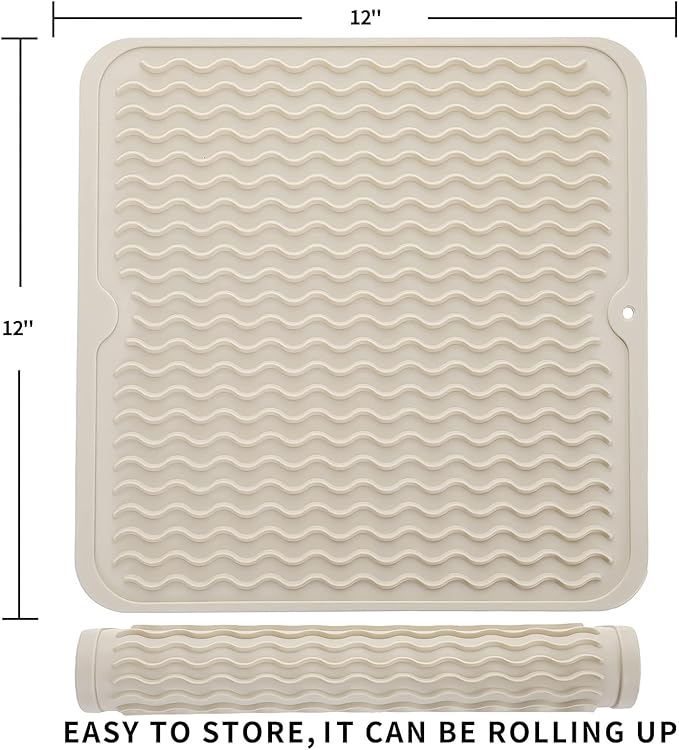 Silicone Dish Drying Mat for Multiple Usage,Easy clean,Eco-friendly,Heat-resistant Silicone Mat for Kitchen Counter or Sink,Refrigerator or Drawer liner Tapioca M 12 inches x 12 inches