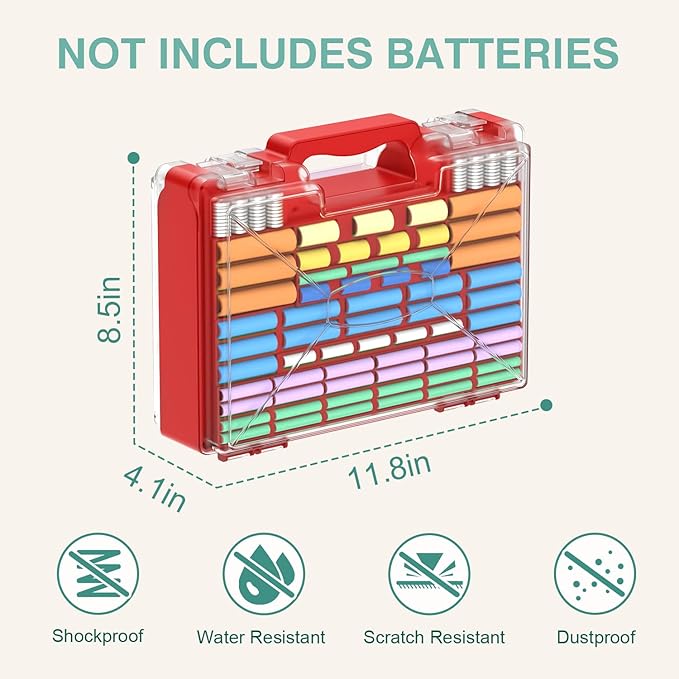 Battery Organizer Storage Holder Box Case with Tester, 185+ Batteries Double-Sided Variety Pack, Holds AA AAA 4A C D Cell 9V 3V Lithium LR44 CR2 CR123 CR1632 18650 Button - Black
