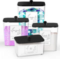 4 Pack Clear Laundry Pods Container & Dryer Sheet Holder, Plastic Square Laundry Room Organization and Storage Jars with Lids, Scoops & Labels for Detergent, Powder, Dryer Balls (Black Lid)