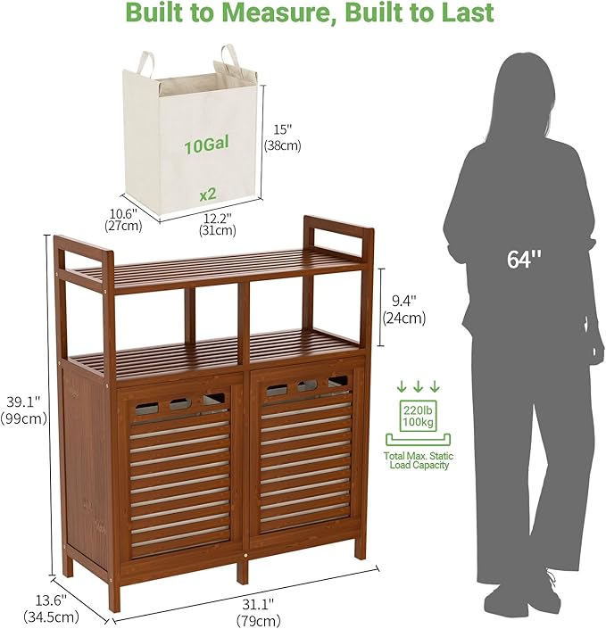 Homykic Tilt Out Laundry Hamper Cabinet, Bamboo Double Laundry Hamper with 2 Removable Laundry Baskets, 20 Gal Laundry Sorter Organizer with Shelf for Dirty Clothes, Bathroom, Laundry Room, Walnut