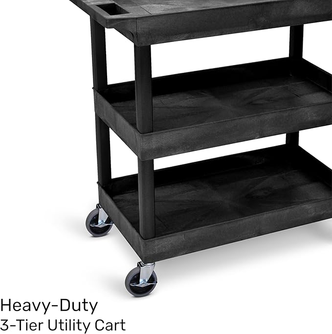 Tubstr 3-Tier Rolling Utility Cart 2-Pack | Each Supports up to 300 lbs. Heavy-Duty Shelf Cart for Garage Storage, Office Spaces, & Kitchen Use | Durable Tool Cart with Locking Wheels (Black, 32 x 18)