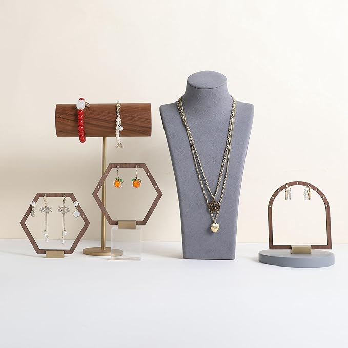 GemeShou Grey necklace storage organizer for sale, Velvet necklace holder stand, jewelry bust display stands, Jewelry Mannequin for Countertop, Showcase【Grey-Medium height 10.43 inch】