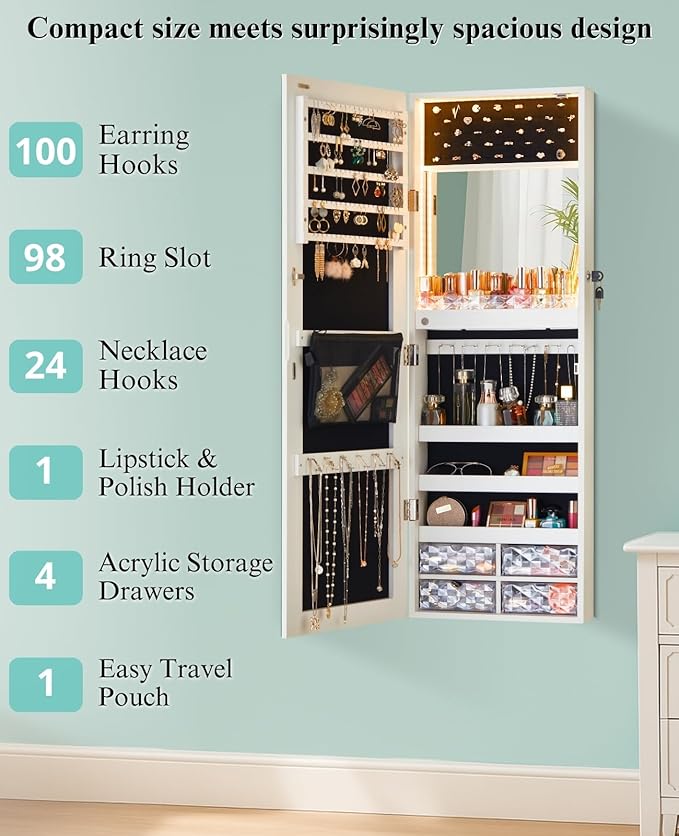 LUXFURNI LED Lights Mirror Jewelry Cabinet Wall Mounted or Door-Hanging, 42" Full Length Mirror with Storage, Built-in Makeup Mirror, Lockable Jewelry Mirror Organizer, White