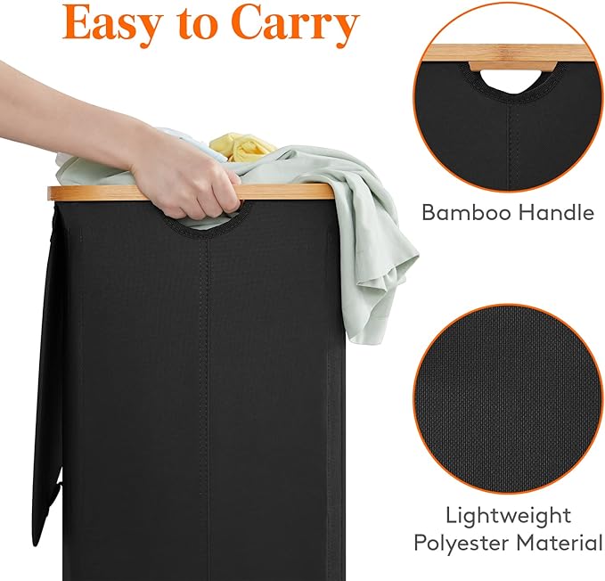 Lifewit 100L Laundry Basket with Lid, Clothes Hampers for Laundry with Bamboo Handles and A Removable Bag, Large Foldable Laundry Hamper for Bedroom, Bathroom, Dorm, Laundry Room, Black