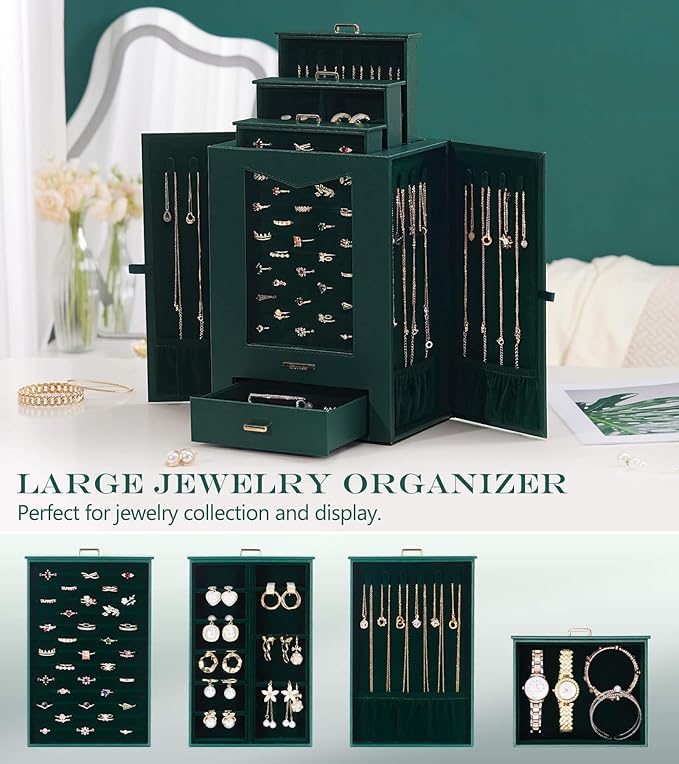 Homde Jewelry Organizer with Transparent Window Necklace Hooks Gift for Women Jewelry Box Display Case for Necklaces Rings Earrings Bracelets and Other Accessories (Forest Green)