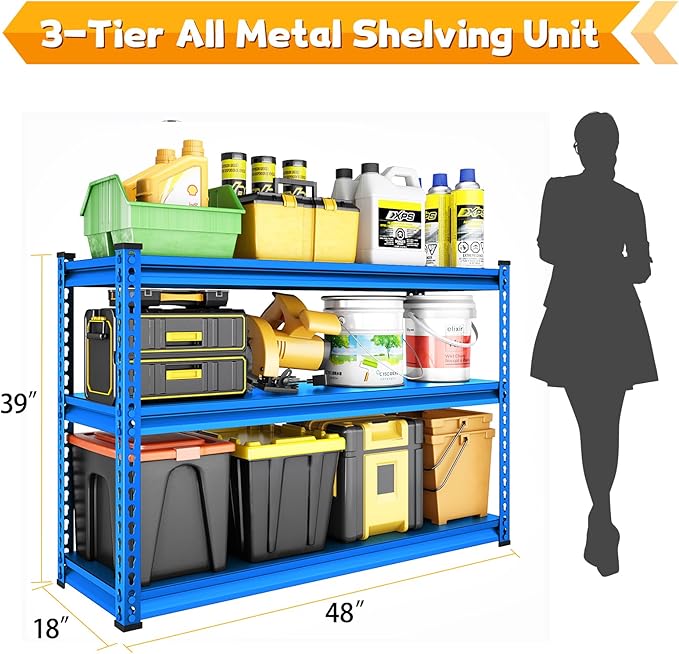 48" W Garage Shelving Heavy Duty, 1500LBS Loads Adjustable Garage Storage Shelves, 3-Tier Metal Shelving Units and Storage Racks, Industrial Utility Shelf,48" Wx18 Dx39 H, Blue