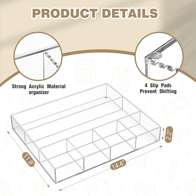 Acrylic Desk Drawer Organizer 14.37 x 11.81 x 2.17 Inch Storage Tray Organizer for Pens, Stationery, Desktop, Office, Bathroom, Kitchen, Makeup Supplies(6 Compartments, Clear)
