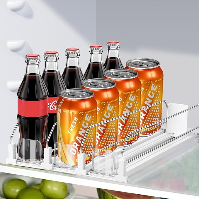 asika Drink Organizer for Fridge, Adjustable Width Soda Can Dispenser for Refrigerator Organizers and Storage, 3 Rows Beer Bottle Beverage Holder with Pusher Glide (14.96" D, White)
