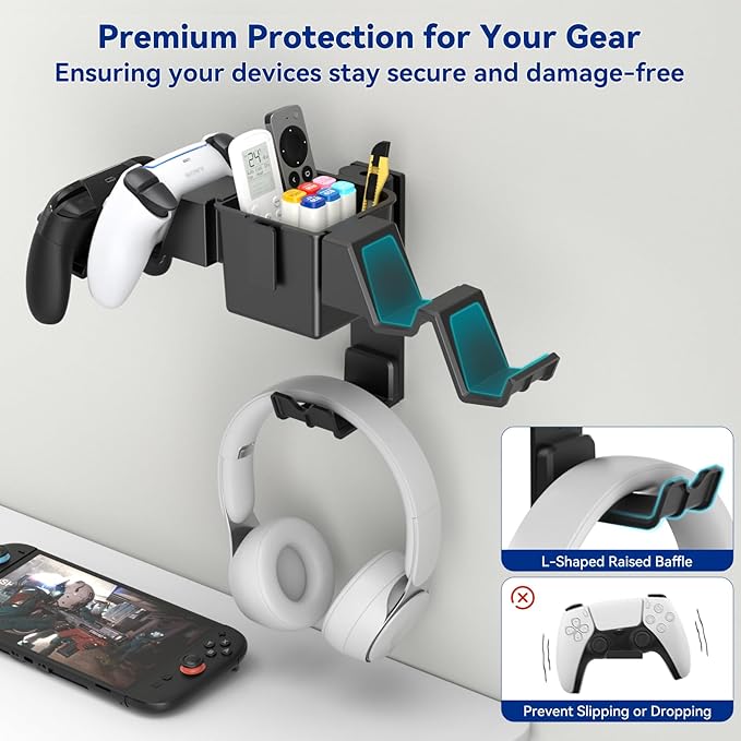 KDD Controller Wall Mount & Headset Holder, Universal Gaming Organizer Stand with Storage Box, Fits Xbox Series X/S, PS4, PS5, Switch, Steam, Gamepad Hanger for Headphones & Accessories