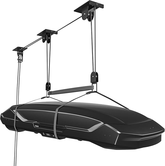 2025 Upgrade Cargo Box Garage Pulley System, Garage Ceiling Hoist Heavy-Duty Holds up to 150 lbs Capacity, Fit 10-14 Foot Ceilings, Black
