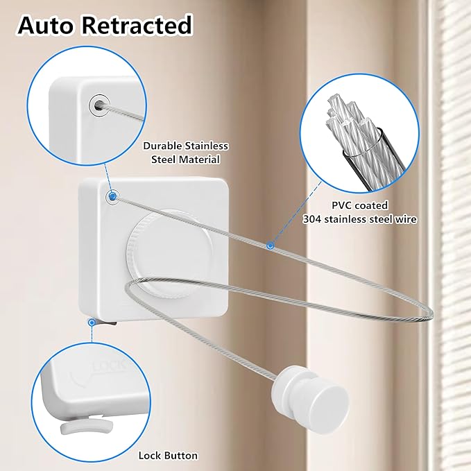15.7Ft Retractable Clothesline Indoor an Anti-sag Retractable Clothesline Outdoor,Laundry Line Wall Mounted Stainless Steel Wire Laundry, with 12 Clip(White)