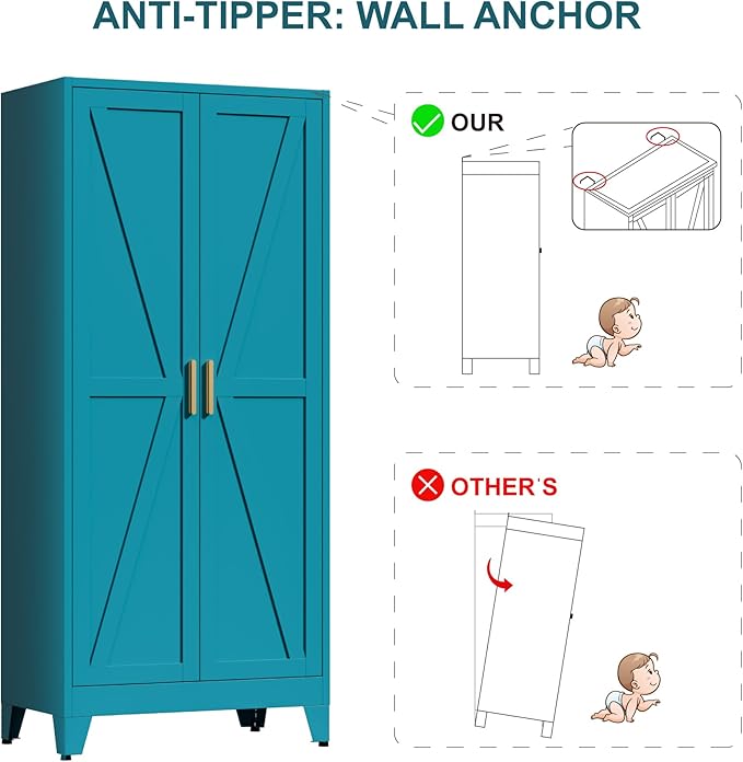 71" Tall Metal Wardrobe Closet with Adjustable Shelves and Hanging Rod, 2 Doors Office Storage Locker Cabinet for Home, Office, Bedroom, Laundry Room, Blue