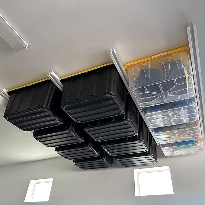 E-Z Garage Storage Tote Slide PRO – Made in USA | Heavy-Duty Alloy Steel Overhead Rack – Organize Up to 15 Storage Tote Bins on Garage Ceiling – 88” x 80” x 3.5”, White – Space-Saving Design