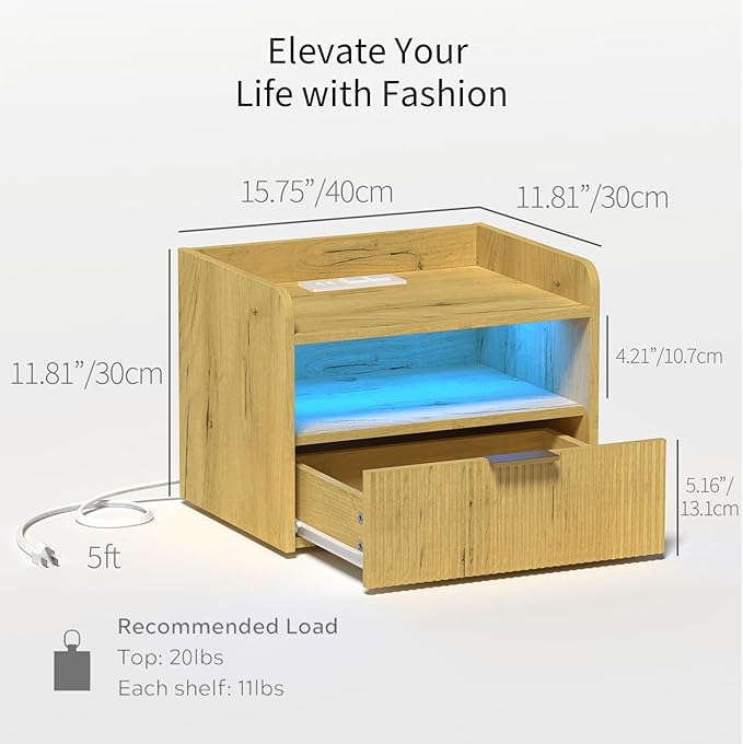 Floating Nightstand with Charging Station and LED Lights (Yellow Oak)