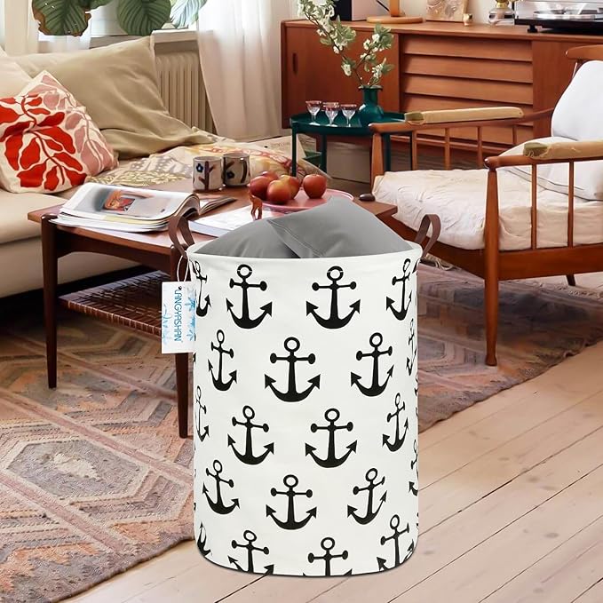 LANGYASHAN Laundry Basket Canvas Fabric Collapsible Organizer Basket for Storage Bin Toy Bins Gift Baskets Bedroom Clothes Children Nursery Hamper (anchor)
