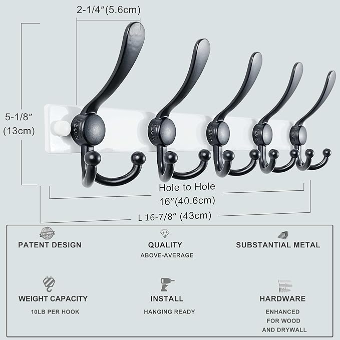 Dseap Coat Rack Wall Mount 2.0 Pro: Heavy Duty 300% Thicker, 16" Stud Mount, Stainless Steel Wall Coat Hooks Hanger for Clothes Jackets Hats Entryway Closet, MaxStrong Series, White & Black, Pack of 2