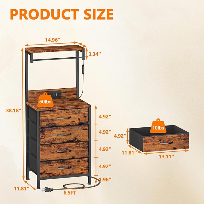 Furnulem Night Stand Set 2, Tall Nightstand with Charging Station and LED Lights, Nightstand with 4 Fabric Drawers and Storage Shelves, Bedside Table Side Tables Set of 2 for Bedroom, Rustic Brown