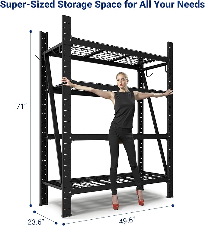 FLEXIMOUNTS Garage Shelving Heavy Duty, 49.6" W 4-Tier 10000LBS Industrial Shelving Unit with 4 Hooks, Adjustable Storage Shelves for Garage, Basement, Warehouse, 71" H x 49.6" W x 23.6" D