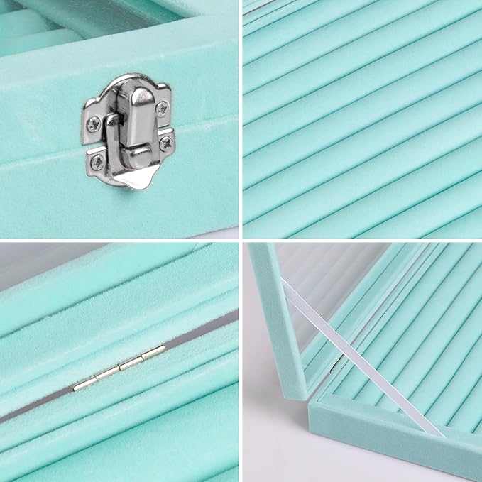 Frebeauty Rings/Earrings Organizer Tray with Clear Lid 10 Slots Velvet Drawer Insert Jewelry Storage box Transparent Glass lid Jewelry Display Case Showcase Gift for Girls Women (Turquoise, 10 Slots)