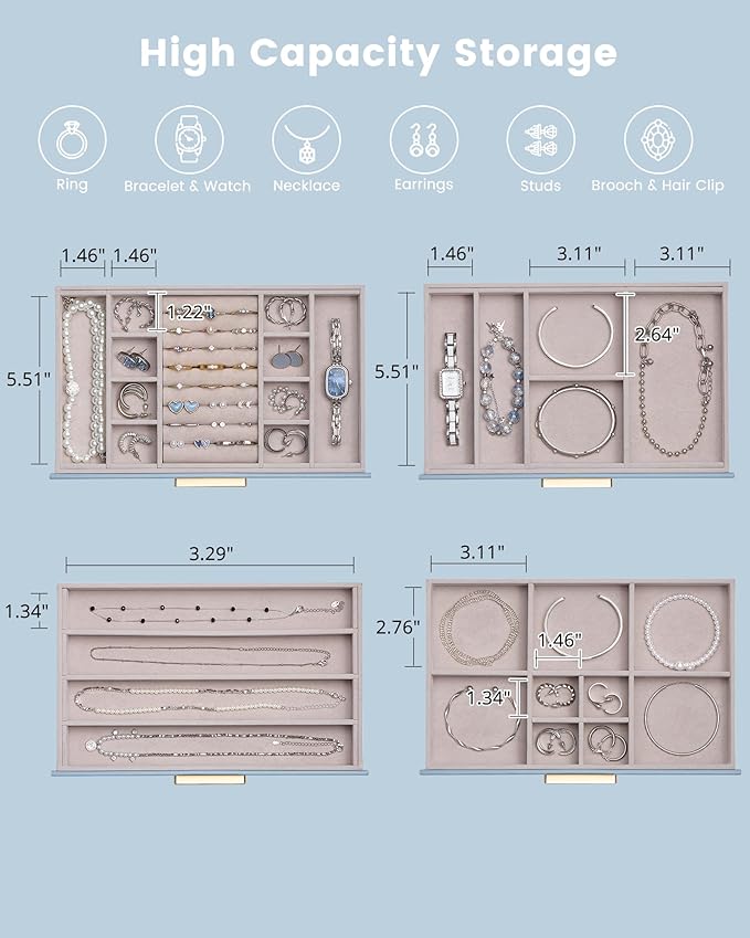 Lolalet Jewelry Box Organizer, 4-Layer Jewelry Organizers and Storage Case with Glass Lid, Ring Earring Bracelet Necklace Holder Organizer, Birthday Christmas Gifts for Women Girls -4Layer, HazeBlue